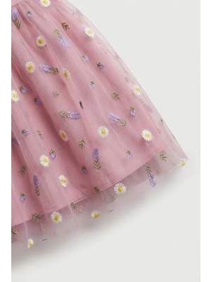 Magu Kız Çocuk Pamuklu Pembe Çiçek Nakışlı Tül Elbise