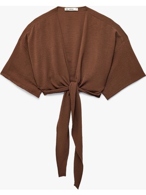 Koton Kısa Kollu Kruvaze Yaka Bağlamalı Crop Oversize Kimono