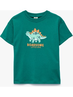 Koton Dinozor Baskılı Yeşil Pamuklu Kısa Kollu Tişört Erkek Çocuk Günlük Stil Oversize