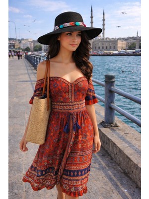 Modazon Taşlı ve Renkli Şeritli Kadın Hasır Şapka – Yazlık Modern Stil