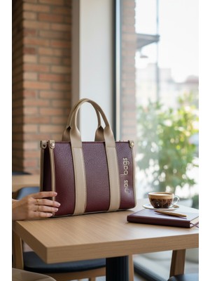 Enoch Kadın El Çantası Kanvas Dokulu Kontrast Şeritli ve Nakış Logolu Minimalist Tote Çanta