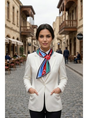 Walkenzo Azerbaycan Bayrağı Temalı Özel Tasarım Kravat Formlu Kadın Fular