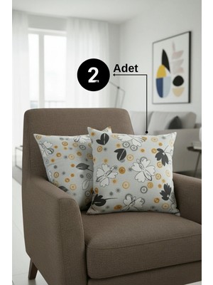 Senpai Chevron Bohem Dekoratif Punch Yastık Kırlent Kılıfı 2 Adet | 45X45 Modern Çiçek Gri