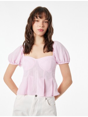 Koton Slim Fit Kısa Balon Kollu Kalp Yaka Crop Bluz