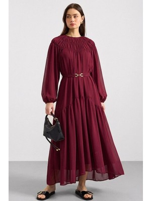 Olcay Büzgü Detaylı Balon Kol Şifon Elbise Bordo 9461-E