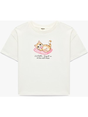 Koton Pamuklu Kısa Kollu Bisiklet Yaka Kedi Baskılı Tişört