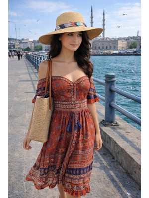 Modazon Taşlı ve Renkli Şeritli Kadın Hasır Şapka – Yazlık Modern Stil