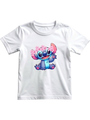 Veracraft Stitch Çiçek Taçlı Çocuk Tişört - %100 Pamuklu Beyaz Bisiklet Yaka Kısa Kollu T-Shirt