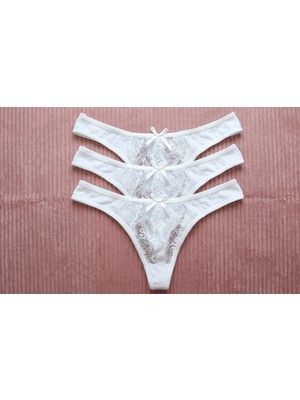 3'lü Tanga  Önü Dantel Arkası Pamuklu String Sexi Kadın Külot