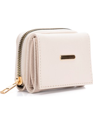 Sannora Bags Kadın Beyaz Küçük Cüzdan Bozuk ve Kağıt Para Bölmeli Fermuarlı Kartlık Cüzdan