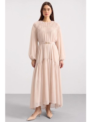 Olcay Büzgü Detaylı Balon Kol Şifon Elbise Krem 9461-E