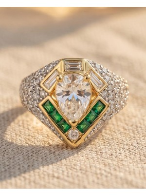Mervan Takı Zirkon Taşlı Geometrik Tasarım Gold Çelik Yüzük – Yeşil Detaylı Işıltılı Kadın Yüzük