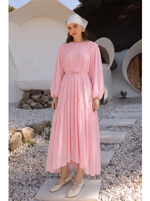 Olcay Büzgü Detaylı Balon Kol Şifon Elbise Pembe 9461-E