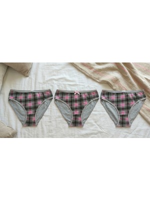 Andino 3'lü Yüksek Bel  Kareli Lycra Doğal Pamuk Likralı Rahat Kalıp Kadın Bato Külot