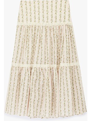 Koton Pamuklu Dantel Detaylı Çan Kesim Kat Kat Midi Boy Çiçekli Etek