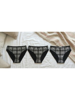 Andino 3'lü Yüksek Bel  Kareli Lycra Doğal Pamuk Likralı Rahat Kalıp Kadın Bato Külot