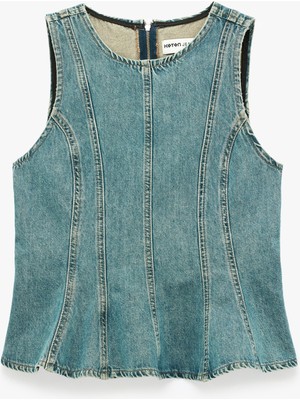 Koton Pamuklu Bisiklet Yaka Fermuarlı Nervürlü Kolsuz Denim Bluz