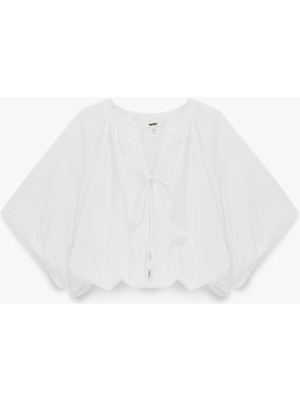 Koton Pamuklu Poplin Kumaş Önden Bağlamalı Kısa Kollu Balon Fit Oversize Crop Bluz