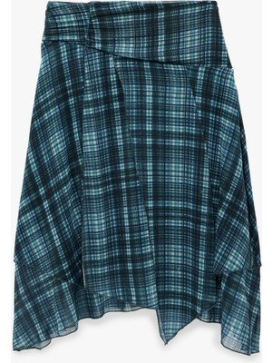 Koton Asimetrik Kesim Ekoseli Midi Şifon Etek