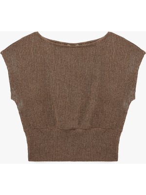 Koton Viskon Karışımlı Bürümcük Bisiklet Yaka Kısa Kollu Crop Bluz