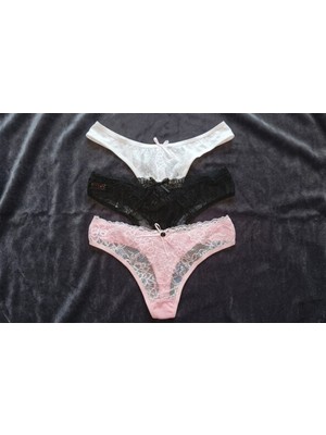 3'lü Tanga  Önü Dantel Arkası Pamuklu String Sexi Kadın Külot