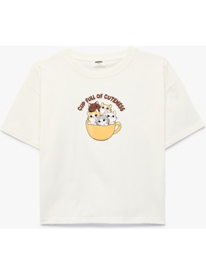 Koton Kısa Kollu Bisiklet Yaka Pamuklu Kedi Baskılı Tişört