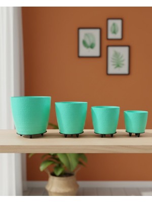Esplendor 4’lü 3D Yeşil Dekoratif Vazo Seti Modern Ayaklı Şık Saksı Takımı