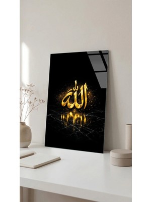 Altın ve Siyah Detaylı Allah Yazılı Cam Tablo, Uv Baskılı 4mm Kırılmaz Cam Tablo, Ev Ofis
