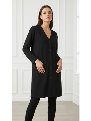 Mavimoure Kadın Anne Siyah Düğmeli Uzun Tunik Ince Penye Hırka