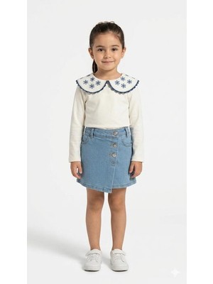 HaanBebe Kız Çocuk Bebe Yaka Çiçek/kelebek Nakışlı Sweatshirt ve Jean Şort-Etek Takımı