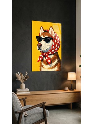 Güneş Gözlüklü Havalı Köpek Cam Tablo Uv Baskılı 4mm Kırılmaz, Ev Ofis Dekorasyonu