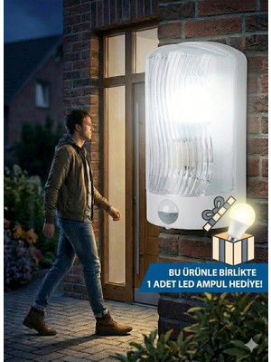 Veel Sensörlü Duvar Apliği E27 Duylu Dış Mekan Uyumlu Beyaz LED Ampul Hediyeli