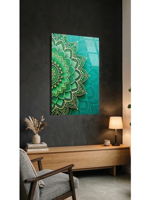 Yeşil Turkuaz Mandala Deseni Duvar Sanatı Cam Tablo Premium 4mm Uv Baskılı Kırılmaz Duvar Tablosu