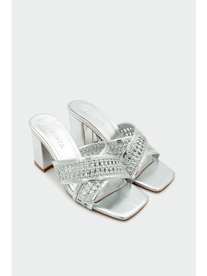 Laminta Tyler Örgü Detaylı Çapraz Kadın Silver Topuklu Terlik