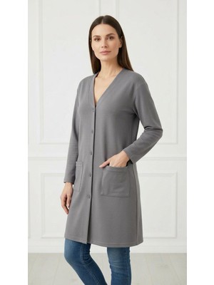 Mavimoure Kadın Anne Siyah Düğmeli Uzun Tunik Ince Penye Hırka