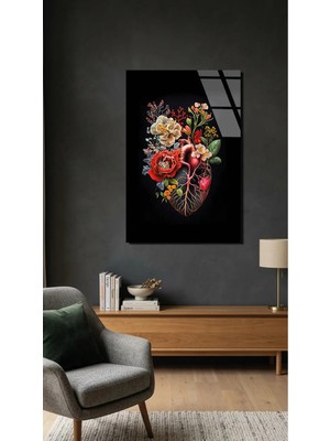 Modern Sanat Çiçekli Kalp Cam Tablo 4mm Temperli Cam Tablo, Premium Uv Baskılı Kırılmaz Duvar