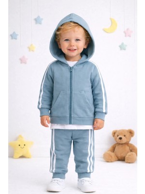 Mai Perla Yandan Çizgili Kanguru Cepli Fermuarlı Sports Wear 2 Li Bebek Takım