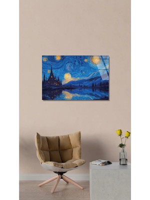 Van Gogh Stili Yıldızlı Gece ve Gotik Sato Yansıması Cam Tablo