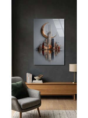 Premium Hilal ve Şehir Silüeti Cam Tablo Dekoratif Kırılmaz Cam Tablo, Premium 4mm Uv Baskı, Salon