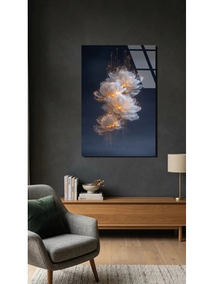 Altın Dokunuş Çiçekler Cam Tablo Dekoratif Kırılmaz Cam Tablo, Premium 4mm Uv Baskı, Salon Duvar