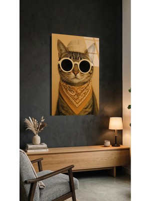 Bereli ve Gözlüklü Kedi Cam Tablo Kırılmaz Temperli, Premium Uv Baskılı Ev Dekorasyonu