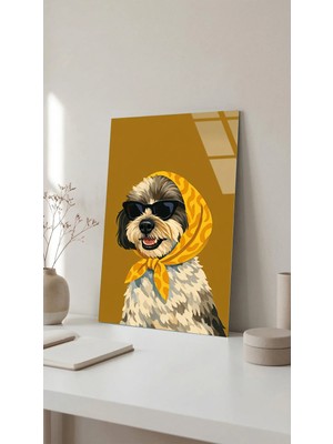 Sarı Fularlı Sevimli Köpek Cam Tablo 4mm Temperli, Premium Uv Baskılı Kırılmaz Duvar Tablosu
