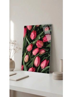 Pembe Laleler Bahar Temalı Cam Tablo Premium 4mm Uv Baskılı Kırılmaz Duvar Tablosu