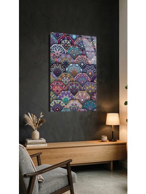 Renkli Geometrik Altıgen Mandala Deseni Cam Tablo Uv Baskılı 4mm Kırılmaz, Ev Ofis Dekorasyonu