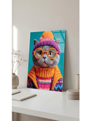 Neon Renkli Gözlüklü Kedi Karakter Cam Tablo Kırılmaz Temperli, Premium Uv Baskılı Ev Dekorasyonu