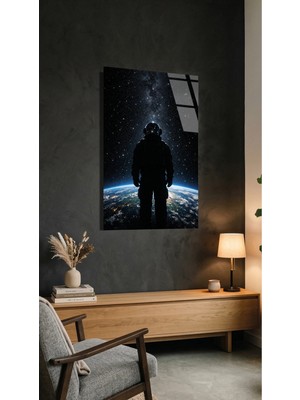Astronot ve Dünya Yansıması Temalı Cam Tablo Kırılmaz Temperli, Premium Uv Baskılı Ev Dekorasyonu