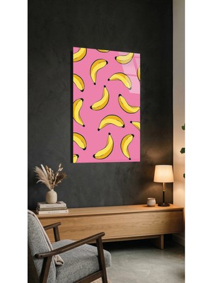 Muz Desenli Pembe Arka Plan Cam Tablo, Ev ve Ofis Uv Baskılı Premium Kırılmaz 4mm