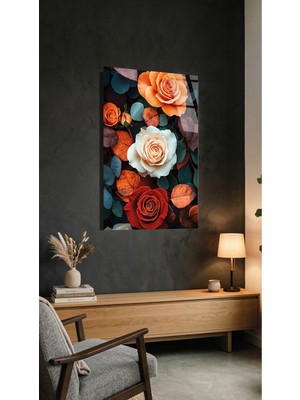 Kırmızı ve Turuncu Güller Cam Tablo Premium 4mm Uv Baskılı Kırılmaz Duvar Tablosu