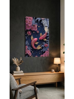 Japon Koi Balığı ve Sakura Temalı Modern Cam Tablo Uv Baskılı 4mm Kırılmaz, Ev Ofis Dekorasyonu