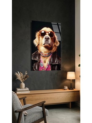 Havalı Golden Retriever Deri Ceketli Cam Tablo Uv Baskılı 4mm Kırılmaz, Ev Ofis Dekorasyonu